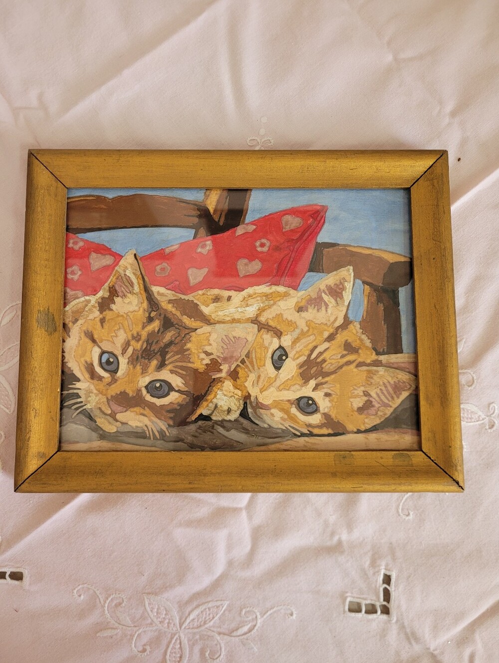 Vintage Paint By Numbers 2 Kittens On Chair Wooden Frame Ready To Hang